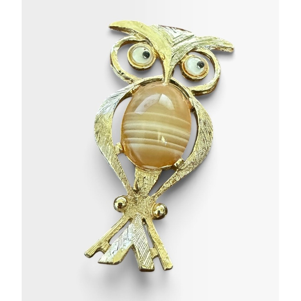 Vintage Owl Brooch Pin Faux Agate Googly Eyes Gold Tone Textured Figural 2.25"